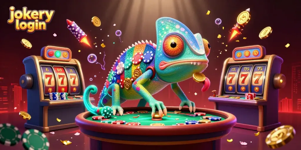 Engage with jokery login by exploring dynamic casino scenes featuring vibrant chameleon and slot elements.