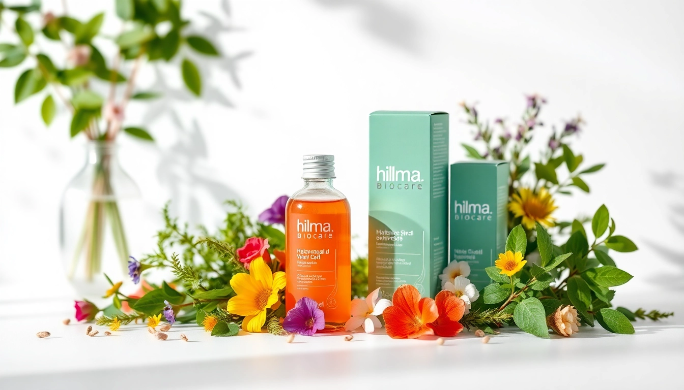 Hilma biocare Produkte elegant präsentiert mit frischen Kräutern und Blumen.