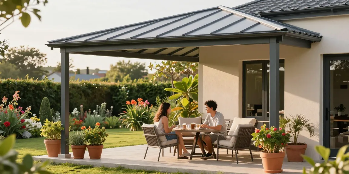 Moderne Terrassenüberdachungen auf einer eleganten Terrasse mit Pflanzen und Möbeln.