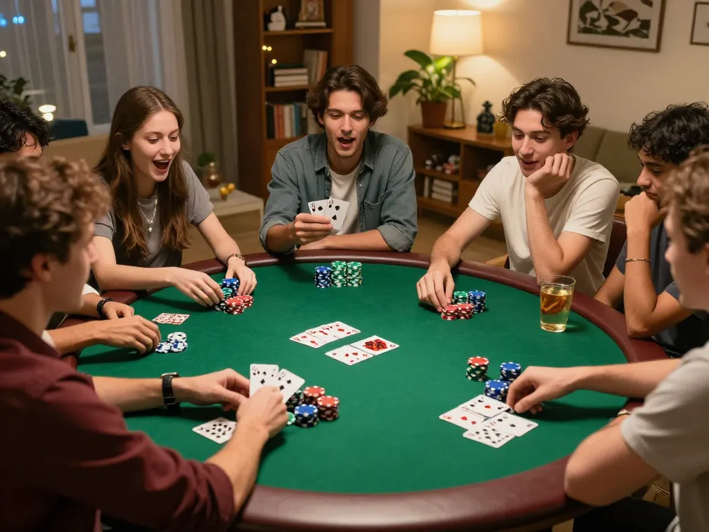Friends enjoying a thrilling poker game night while discussing kèo nhà cái strategies at home.