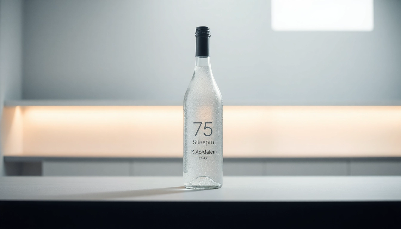 Aufnahme von Kolloidalem Silber 75 ppm in einer eleganten Flasche, die Reinheit und Qualität vermittelt.