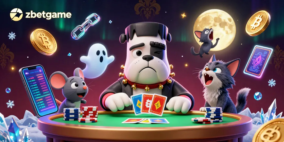 Engage with zbetgame as the 3D bulldog deals cards at a spooky casino table, surrounded by glowing cryptocurrencies and festive details.