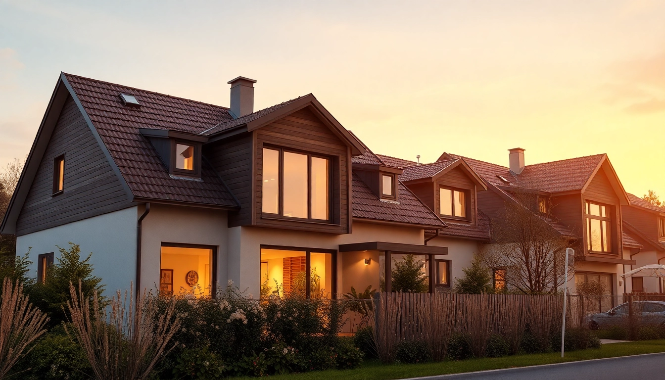 3D Visualisierung eines modernen Wohnhauses bei Sonnenuntergang, das warmes Licht und detailreiche Arkitektur zeigt.