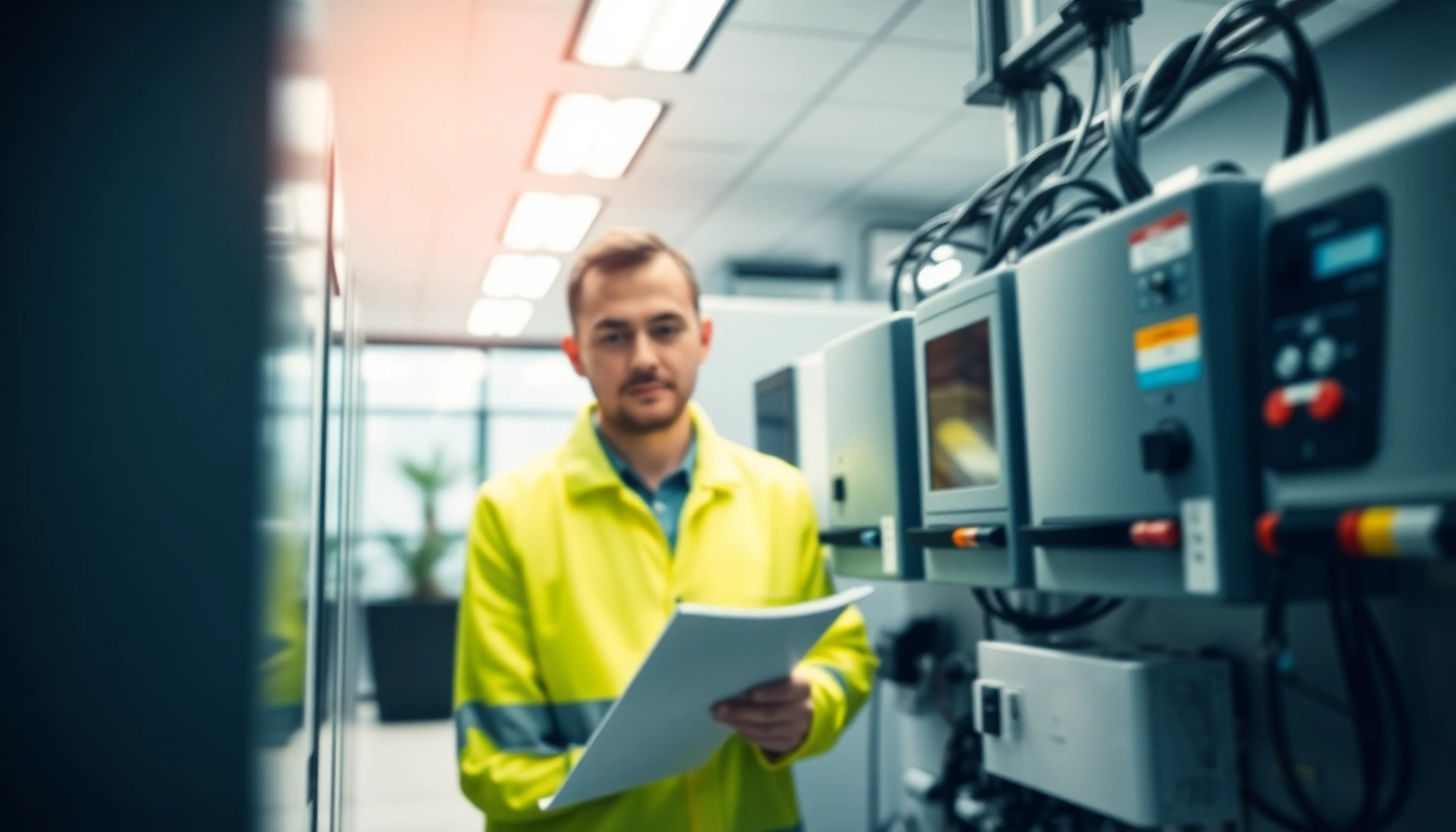 Techniker bei der DGUV V3 Prüfung elektrischer Geräte in einem modernen Büroraum dokumentieren sich sorgfältig.