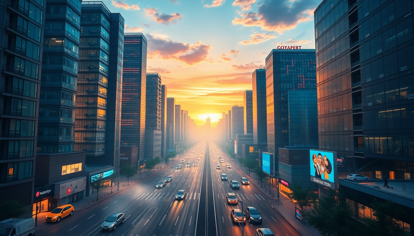 Visualisierung des SEO-Rankings mit futuristischer Stadtlandschaft und digitalen Datenströmen