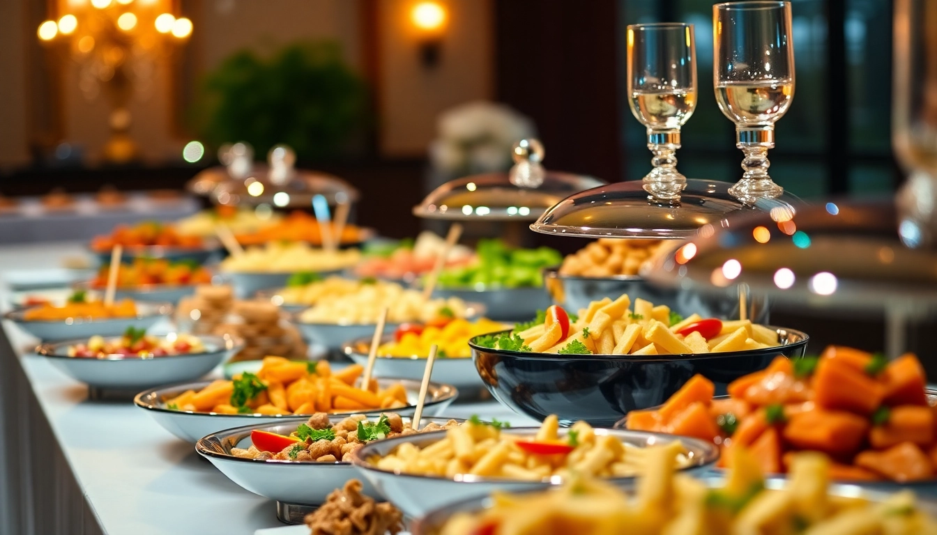 Enjoy a lavish buffet catering display showcasing gourmet dishes and vibrant presentations.