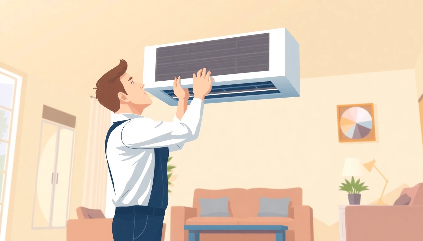 Klimaanlagen installieren lassen - Fachkraft montiert eine Klimaanlage in einem hellen Wohnbereich.