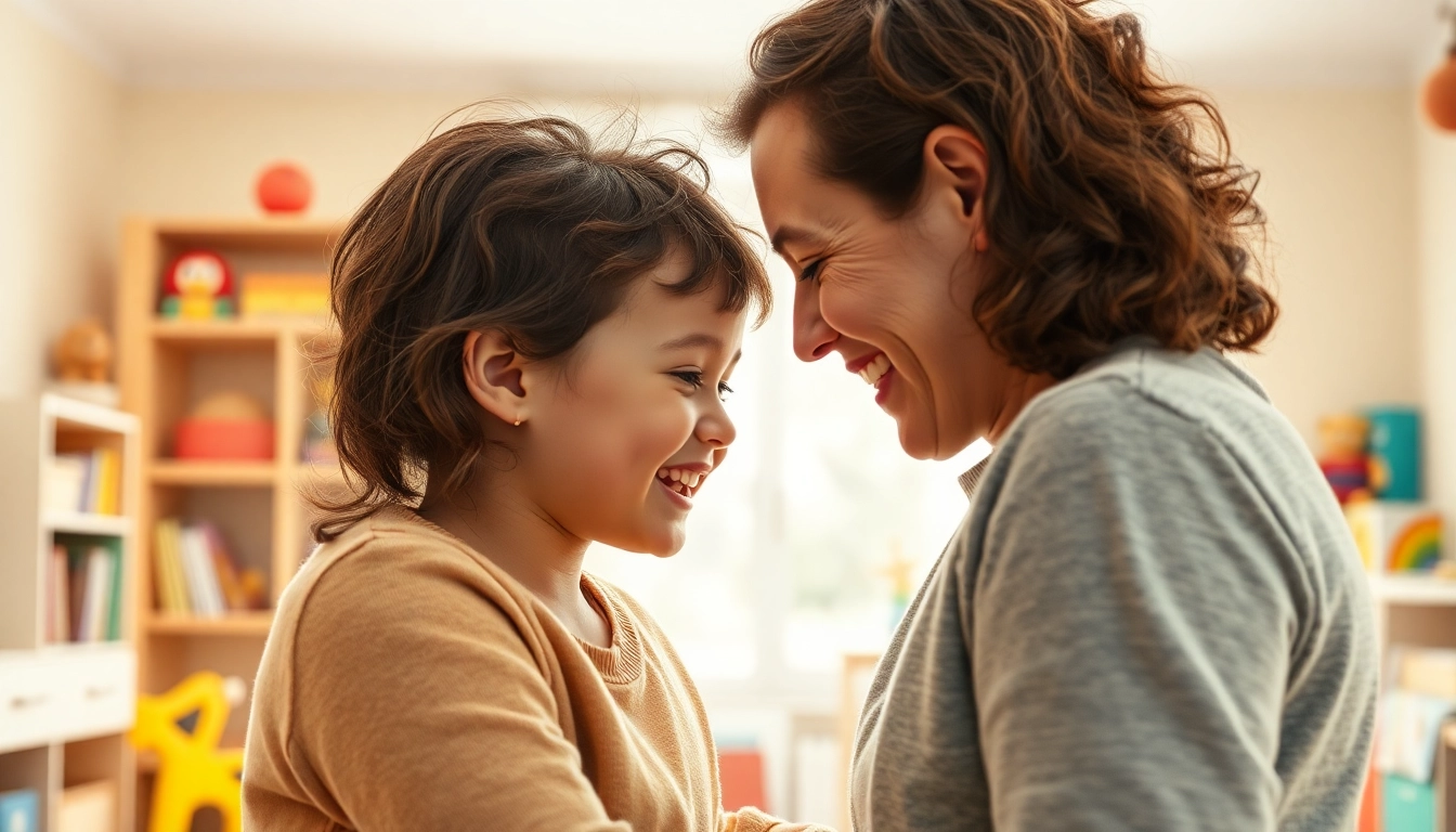 Kindererziehung zeigt eine liebevolle Interaktion zwischen Eltern und Kind in einem hellen Kinderzimmer.