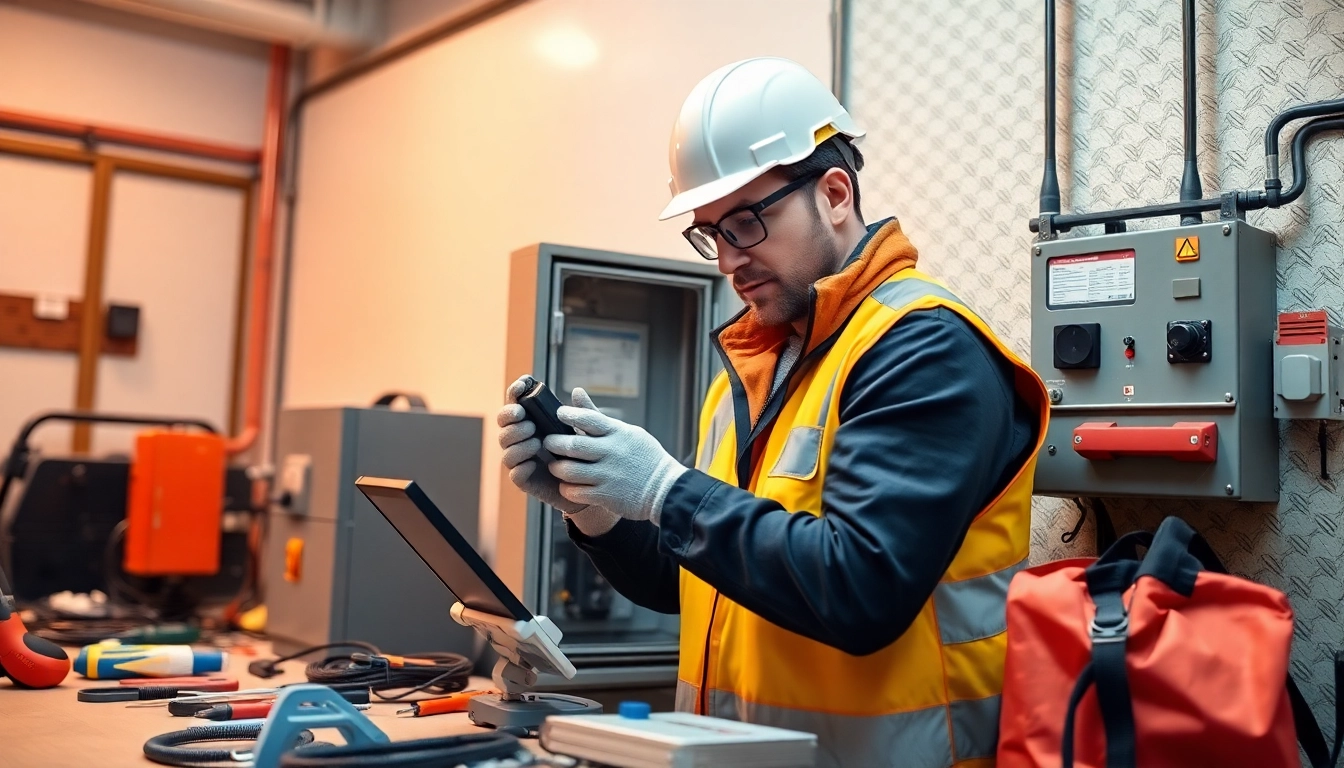 Electrician conducting a DGUV V3 Prüfung, ensuring workplace safety with professional equipment.