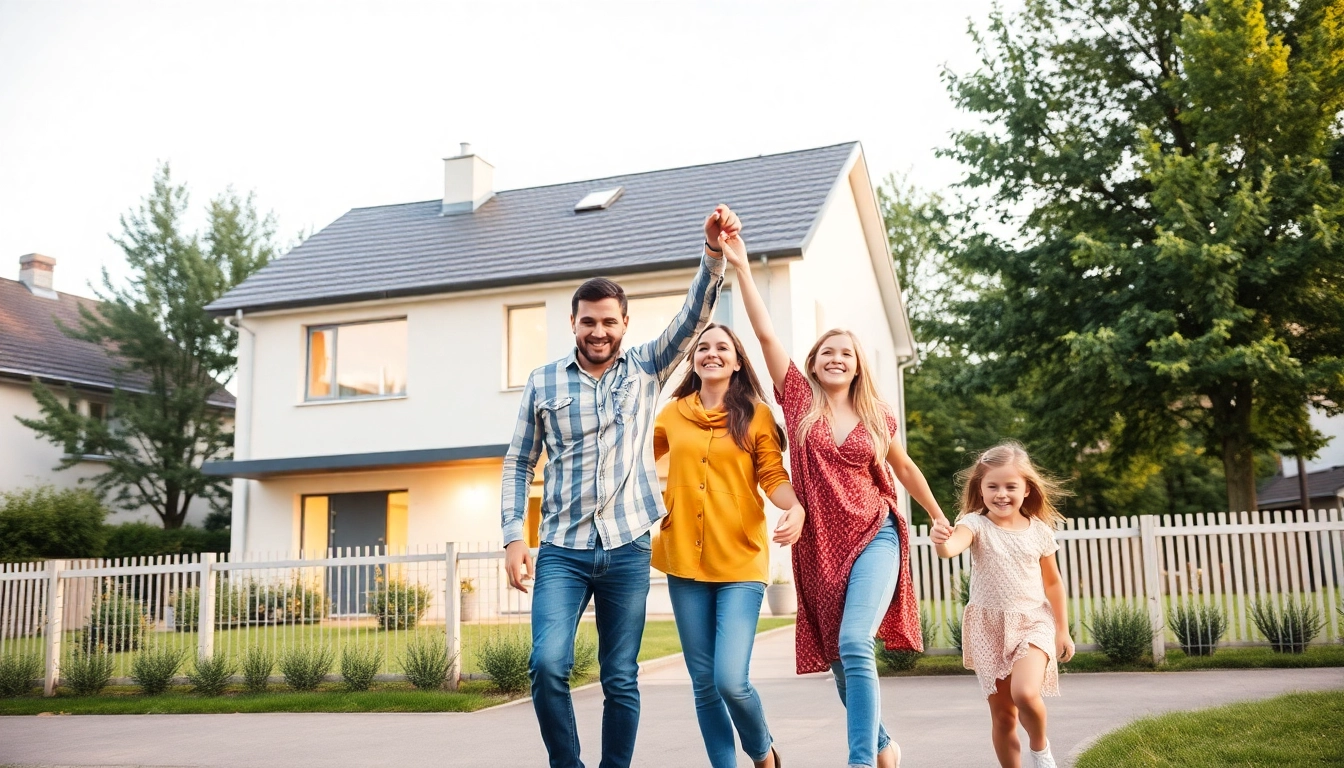 Familie mit Schlüssel vor ihrem neuen Haus: Ein gelungener Hauskauf.