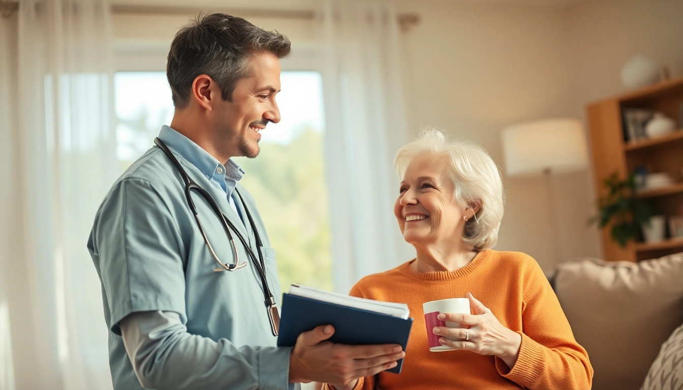 Pflegedienst: Ein freundlicher Pfleger unterstützt eine ältere Person in ihrem gemütlichen Wohnzimmer.