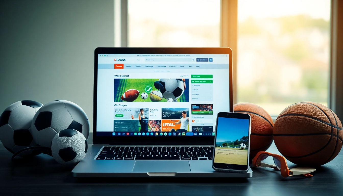 Illustrieren Sie wettanbieter ohne lugas mit einem Laptop und Smartphone, umgeben von Sportutensilien.