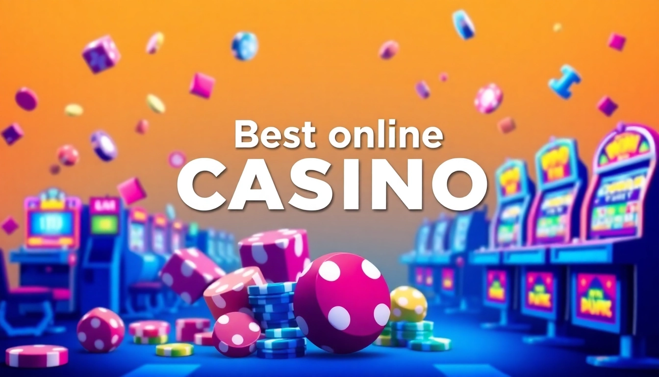Discover the best online casinos through an exciting casino scene filled with vibrant colors and dynamic elements.