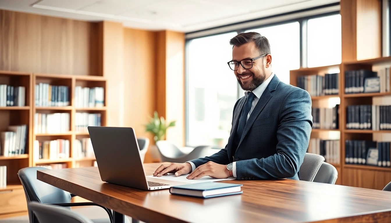 Headhunter Krefeld bei der Arbeit in modernem Büro, eleganter Anzug, Laptop, Tageslicht, Vertrauen.