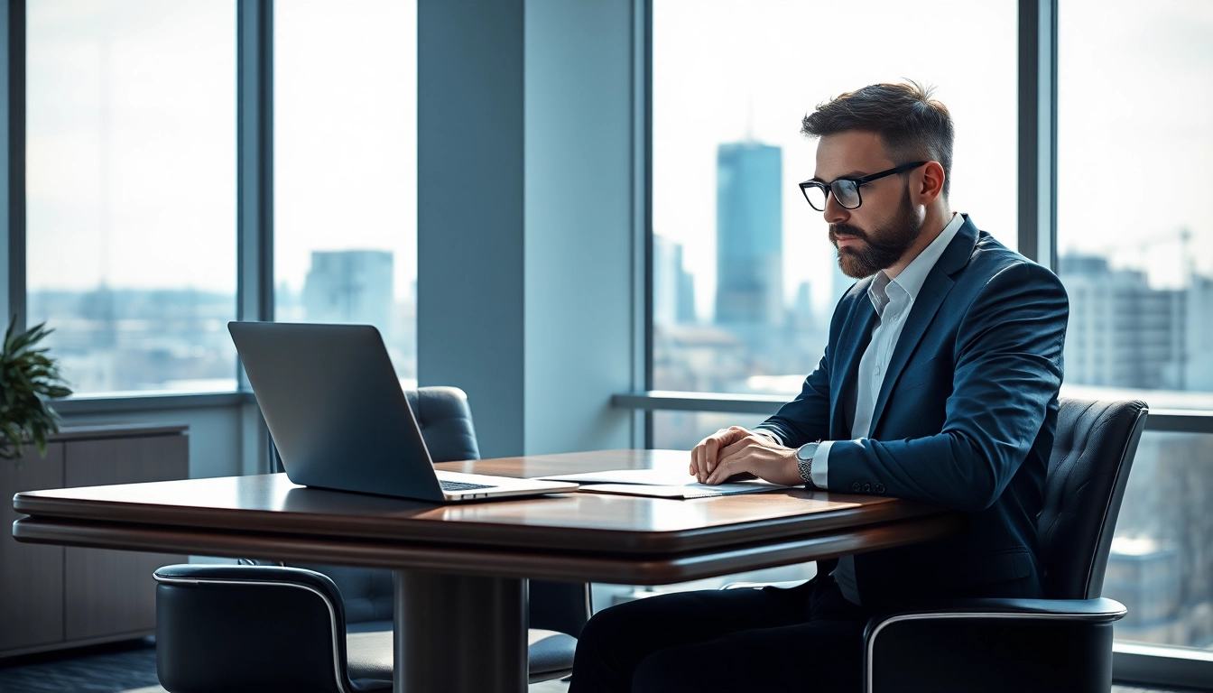Headhunter Erfurt konzentriert an seinem Schreibtisch mit Laptop.