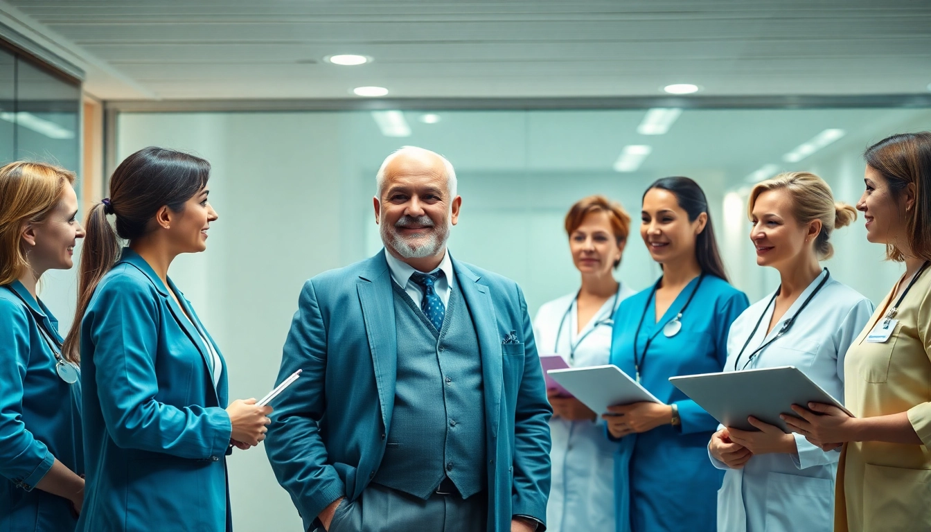 Interaktion zwischen Headhunter Pflegekräfte und einigem qualifiziertem Pflegepersonal in einem modernen Büro.