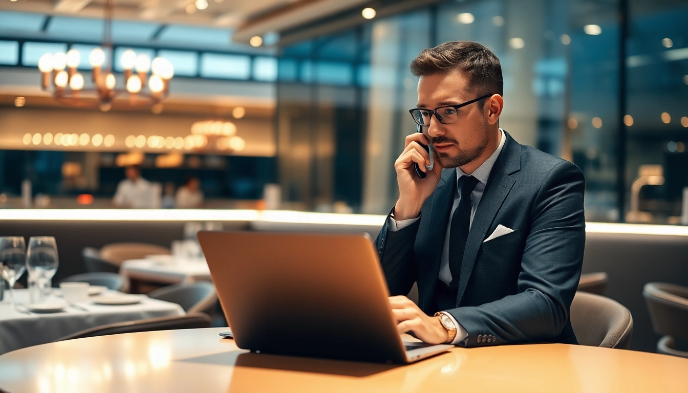 Headhunter Gastronomie bei der Arbeit in einem eleganten Restaurant, telefonierend und mit Laptop, vermittelt Professionalität und Engagement.