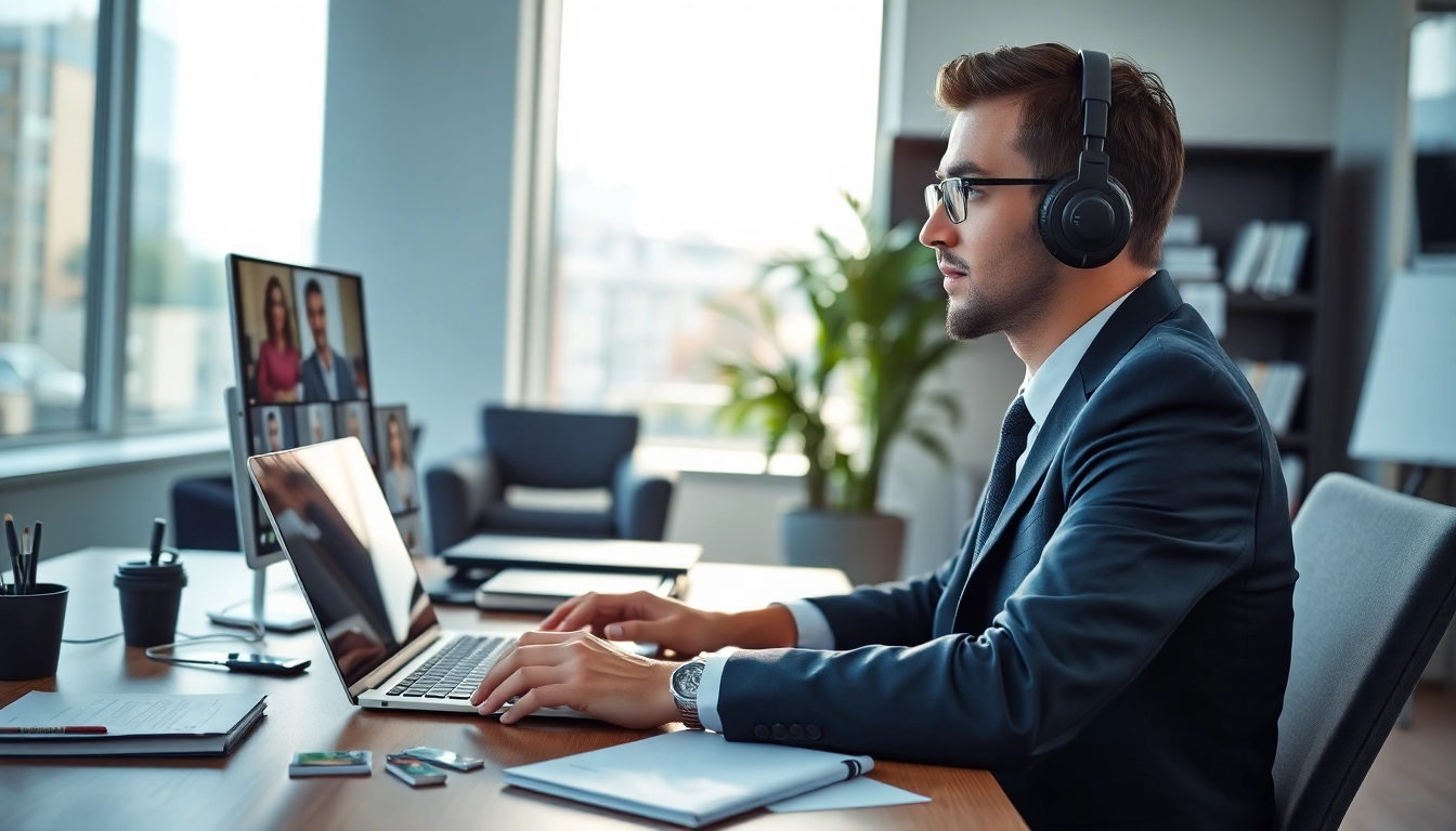 Headhunter Leverkusen engaging with clients over a professional video call in a modern office setting.
