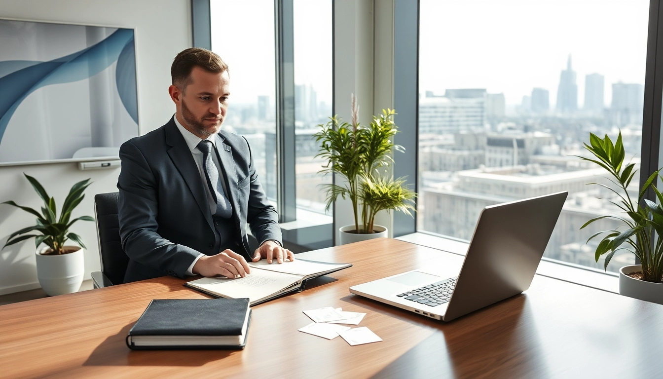 Professioneller Headhunter München arbeitet konzentriert in elegantem Büro mit Skyline im Hintergrund.