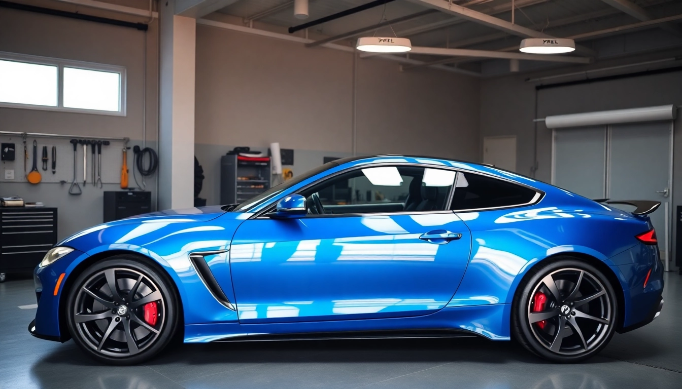 XPEL PPF München schützt einen blauen Sportwagen in einer modernen Werkstatt.