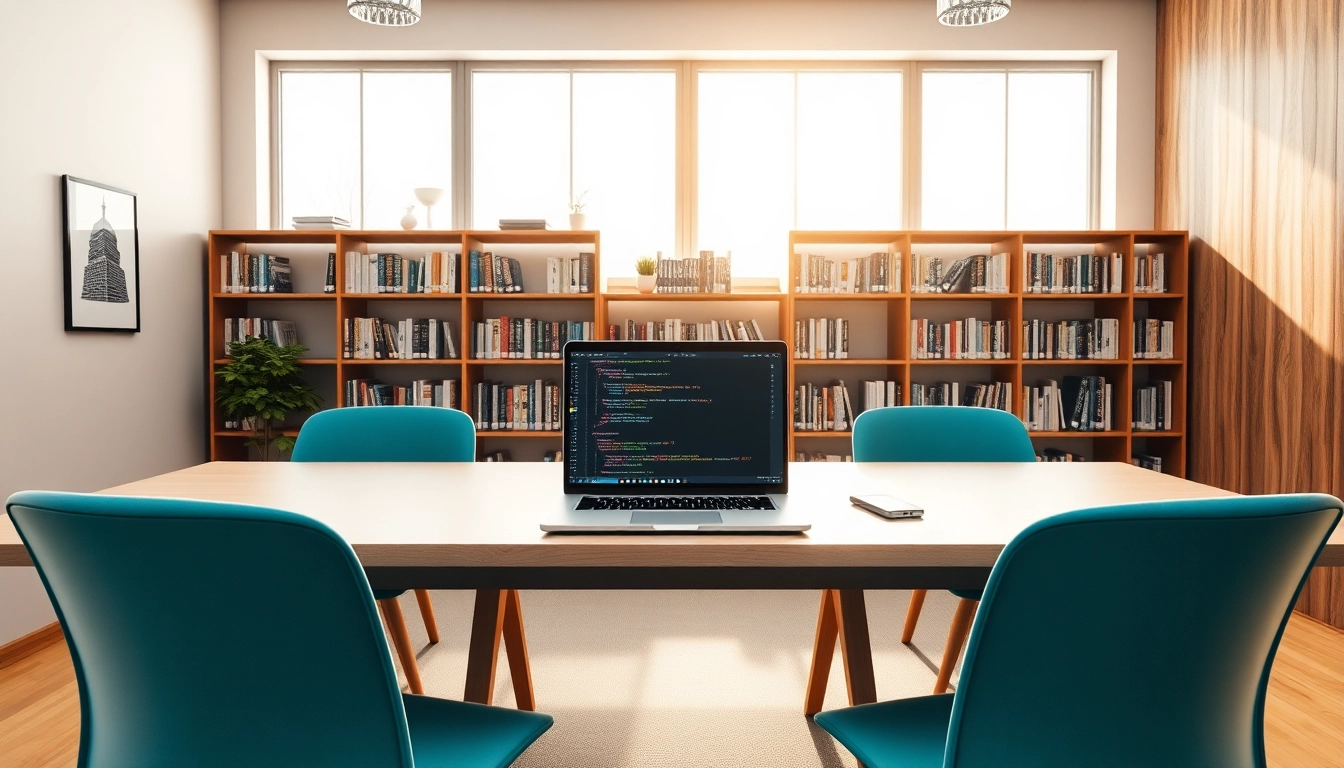 Moderne Büroarbeitsszene eines Headhunter IT-Teams mit Laptop und inspirierenden IT-Büchern.