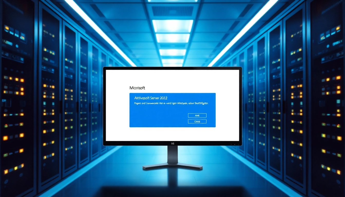 Microsoft Server 2022 Vollversion aktivieren mit einem Monitor, der den Aktivierungsprozess zeigt und moderne Serverracks im Hintergrund präsentiert.