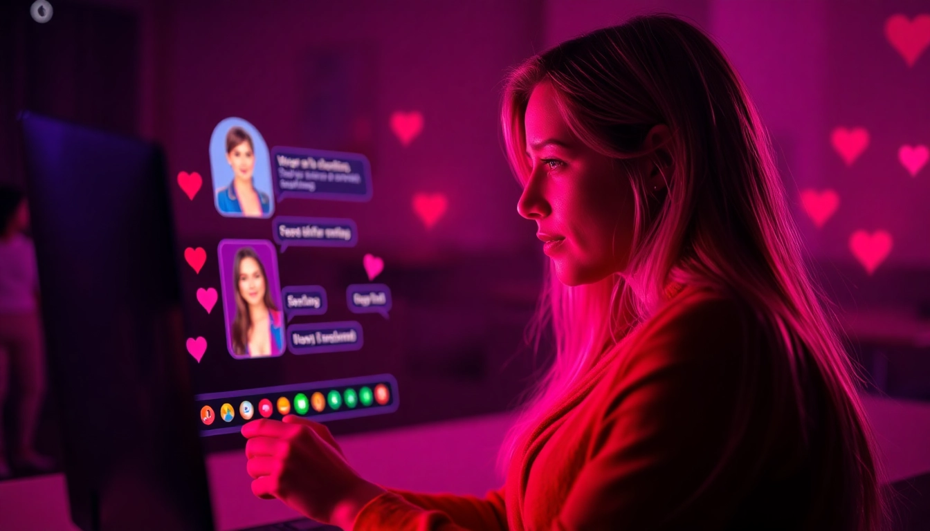 Engaging scene of ai chat porn featuring a user chatting with an enticing AI character in a warm digital environment.