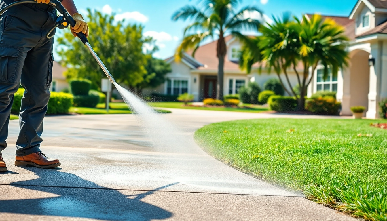 Driveway pressure wash in action, showcasing professional cleaning service in Kissimmee, FL.