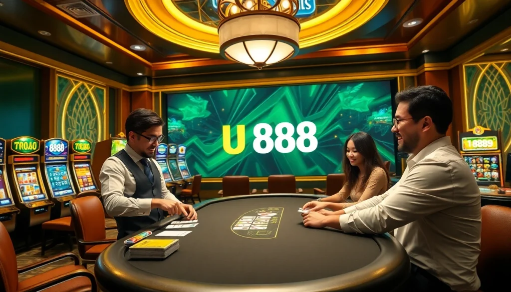 Excited players engaging in a game at U 888 online casino with glamorous decor and slot machines.