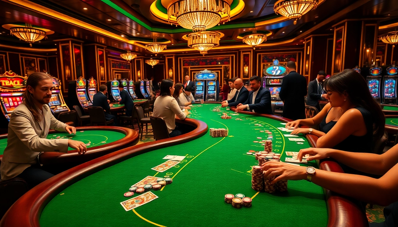 Players enjoying high-stakes games at the B52 club casino with colorful poker chips and cards.