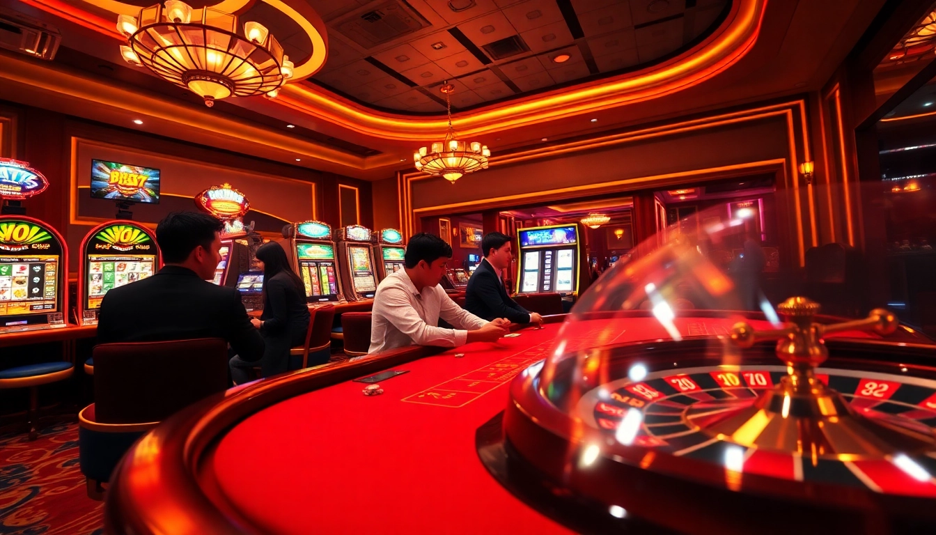 Players strategically engage with tg88 at an upscale casino table surrounded by slot machines.
