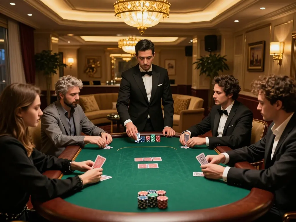 Nohu poker game in luxurious private room with focused players and elegant atmosphere.
