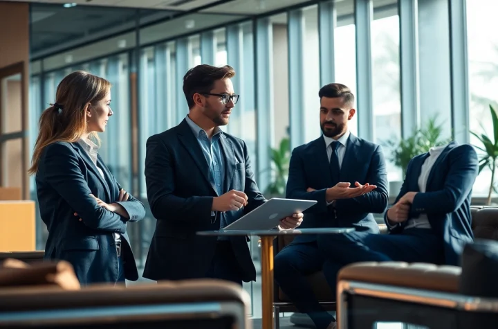 Headhunter Ingenieure in einem modernen Büro, die innovative Rekrutierungsstrategien diskutieren.