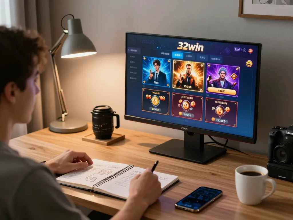 Engaging in online gameplay on 32win with a gaming setup, showcasing strategy and comfort.