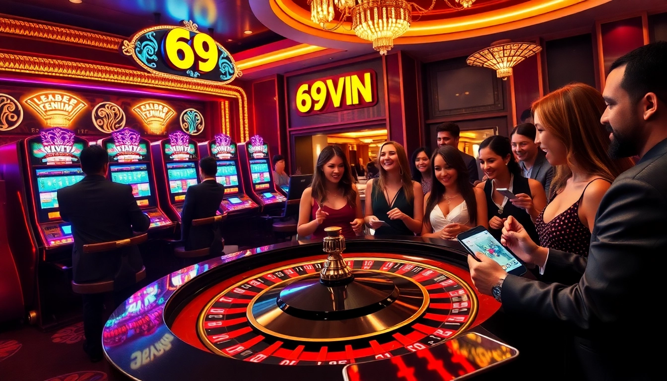 Experience high-stakes casino gaming at 69VN, featuring lively slot machines and a roulette table.